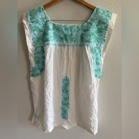 J Marie embroidered Rayon Linen mix top M Blue Green Blue - Picture 1 of 13